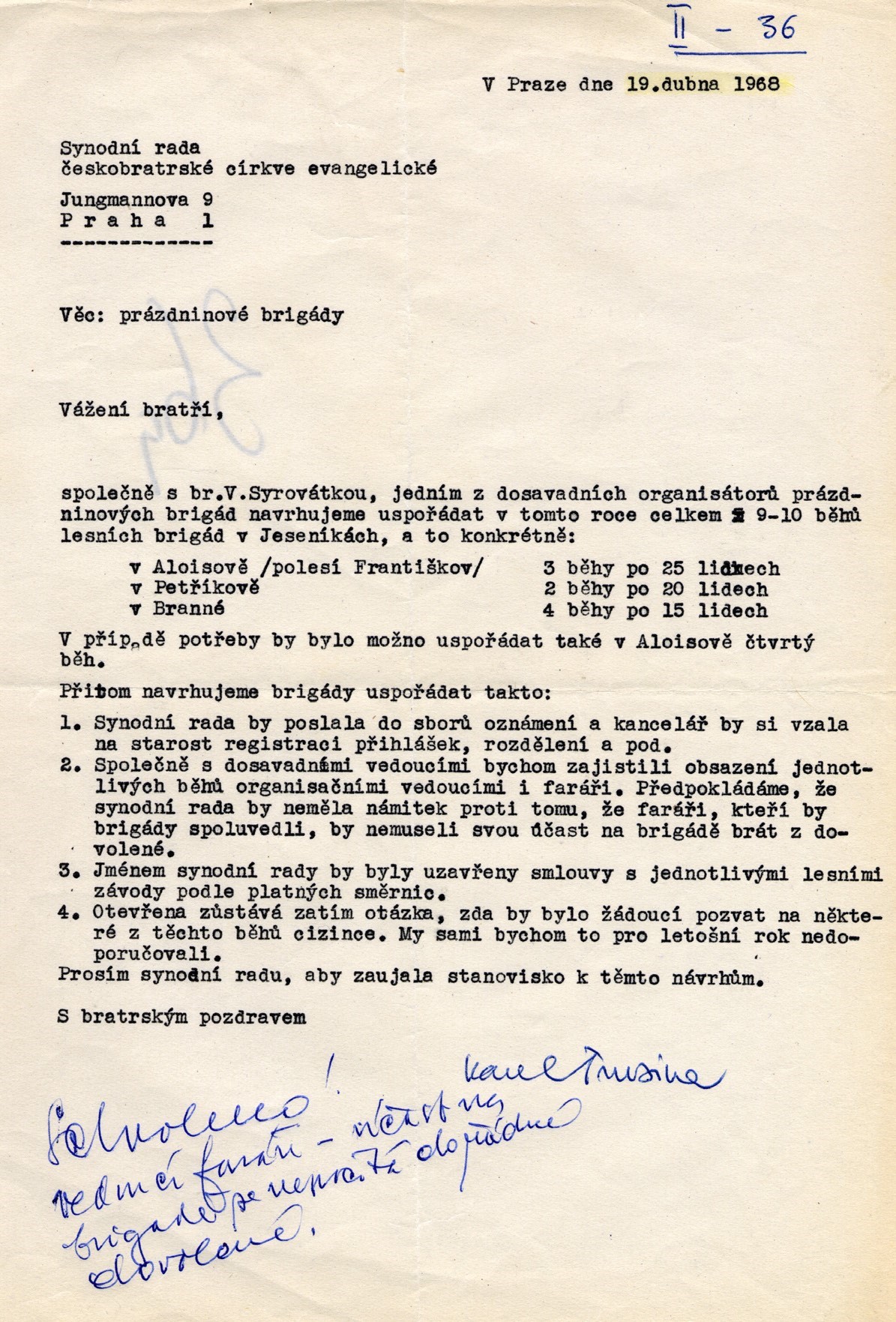 Dopis Káji Trusiny na Synodní radu ČCE v dubnu 1968 o převzetí organizace prázdninových brigád. Synodní senior V. Kejř rukou připsal „Schváleno!“