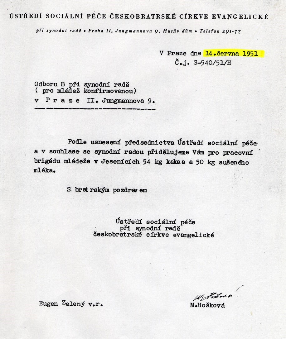 Dopis Eugena Zeleného a Manky Hoškové z Ústředí sociální péče ČCE o přidělení kakaa a sušeného mléka pro brigády v Jeseníkách v roce 1951.